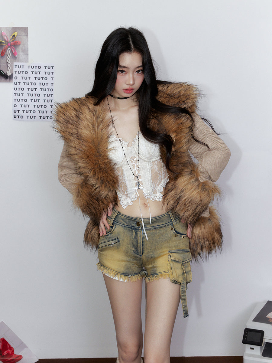 Knitted Fur Thickened Waist-Cinching Coat