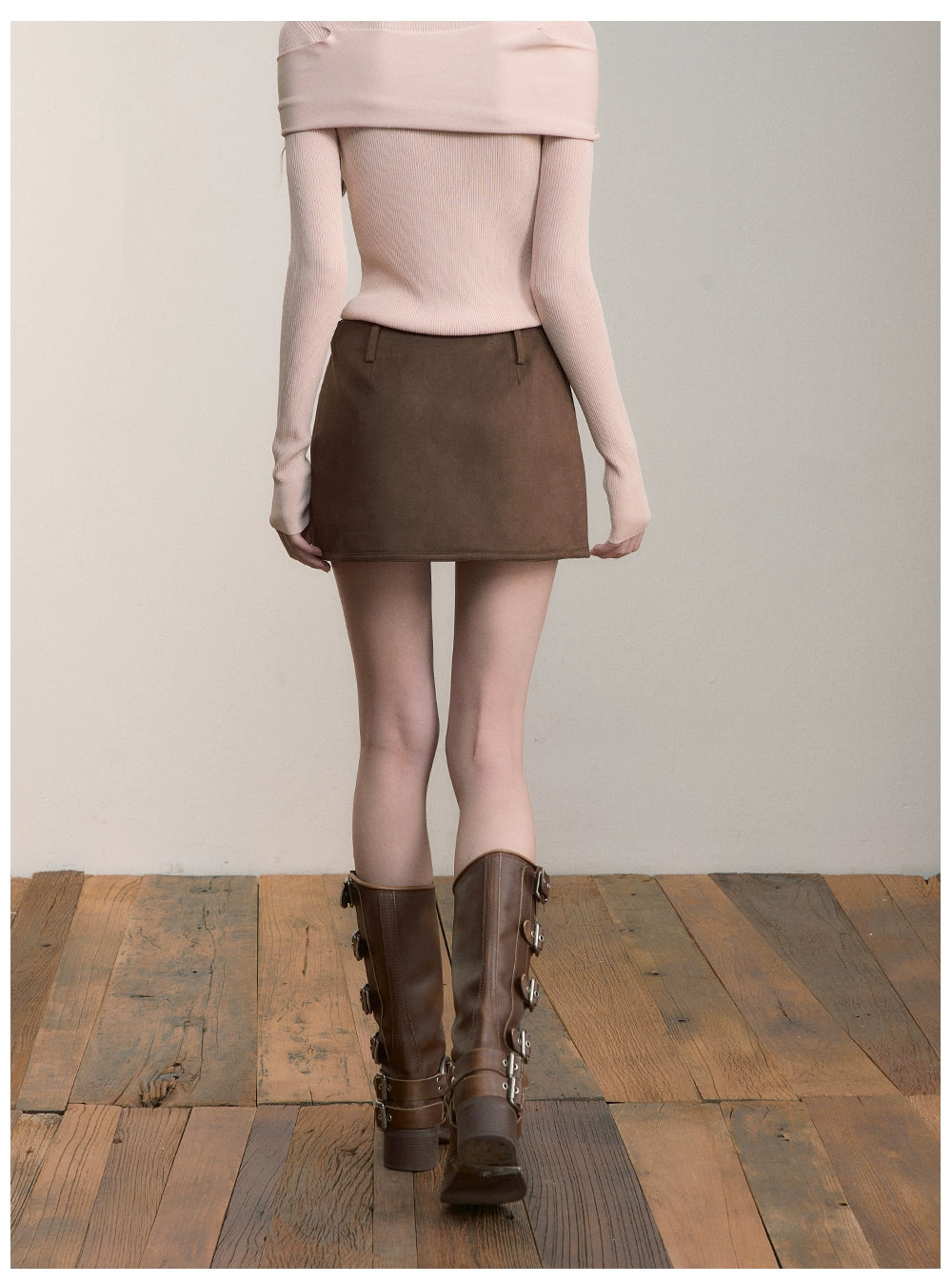 Brown Side-Slit Faux Suede Skort