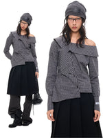 Asymmetric Plaid Off-Shoulder Shirt