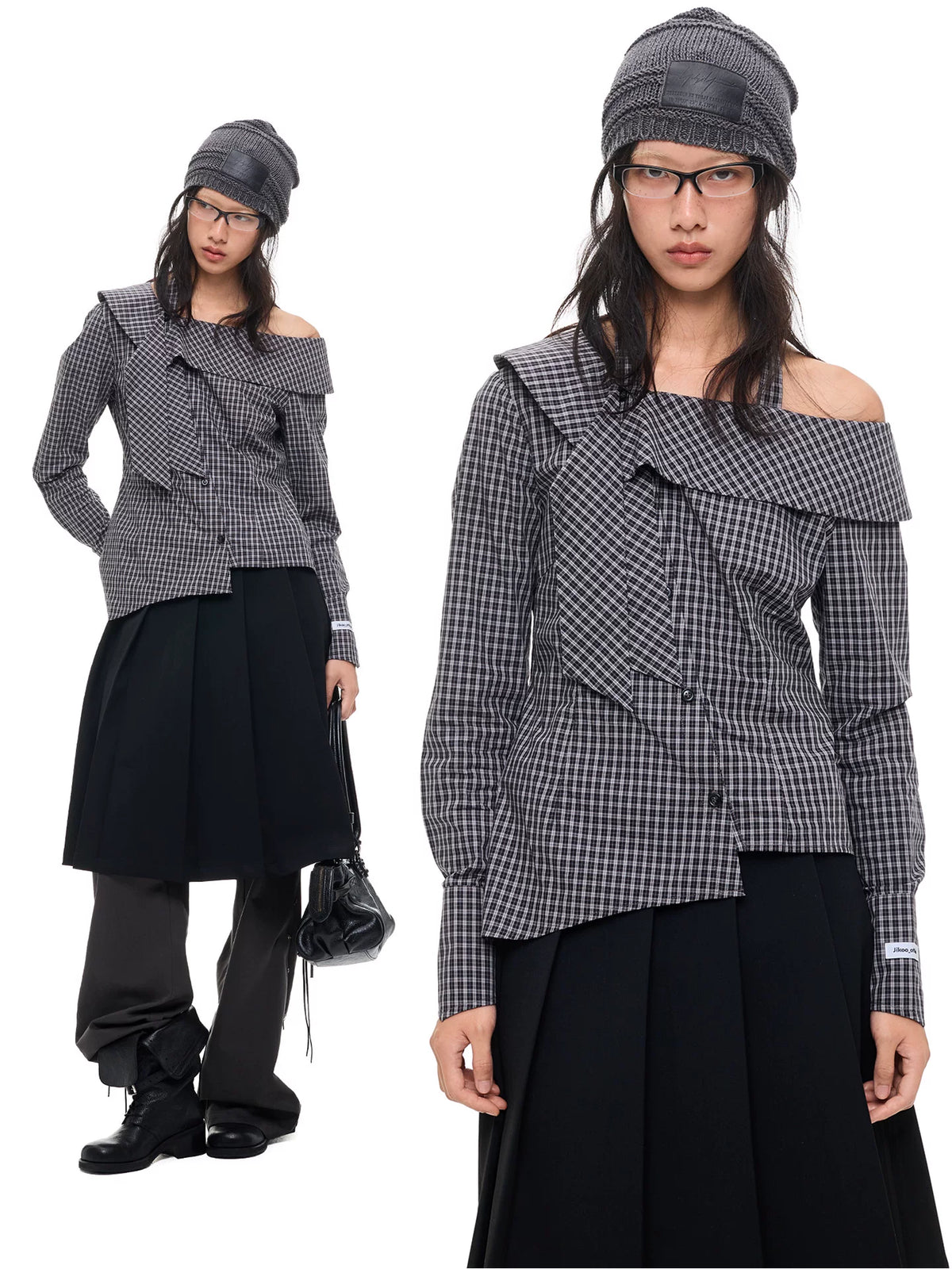 Asymmetric Plaid Off-Shoulder Shirt