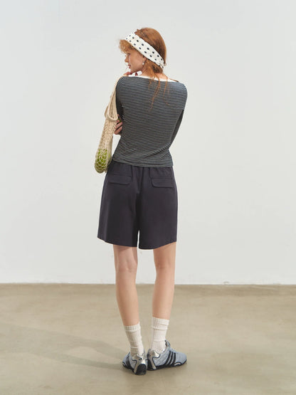 Envelope Neck Mid-sleeve Striped T-Shirt