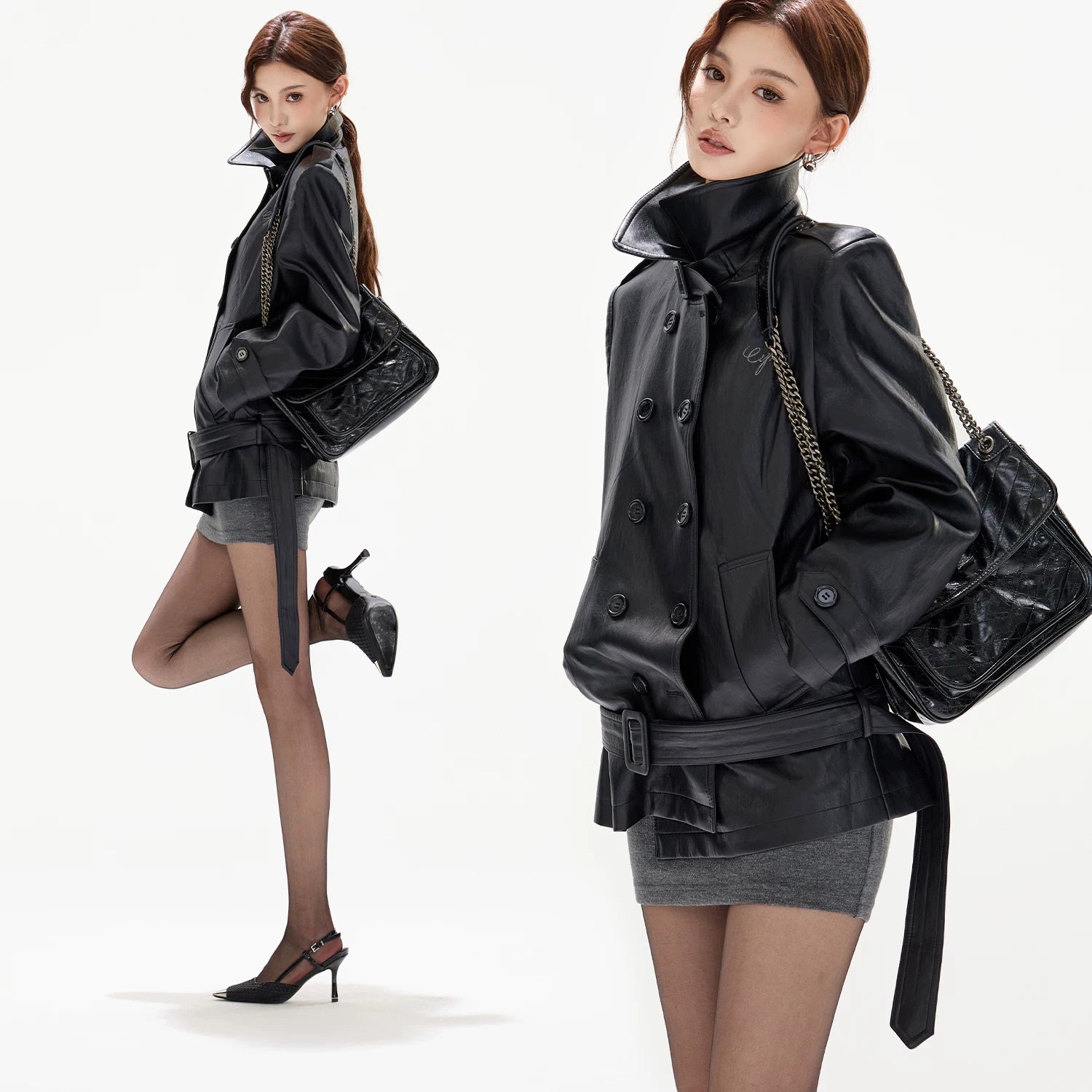 Black Stand Collar Belted Leather Jacket