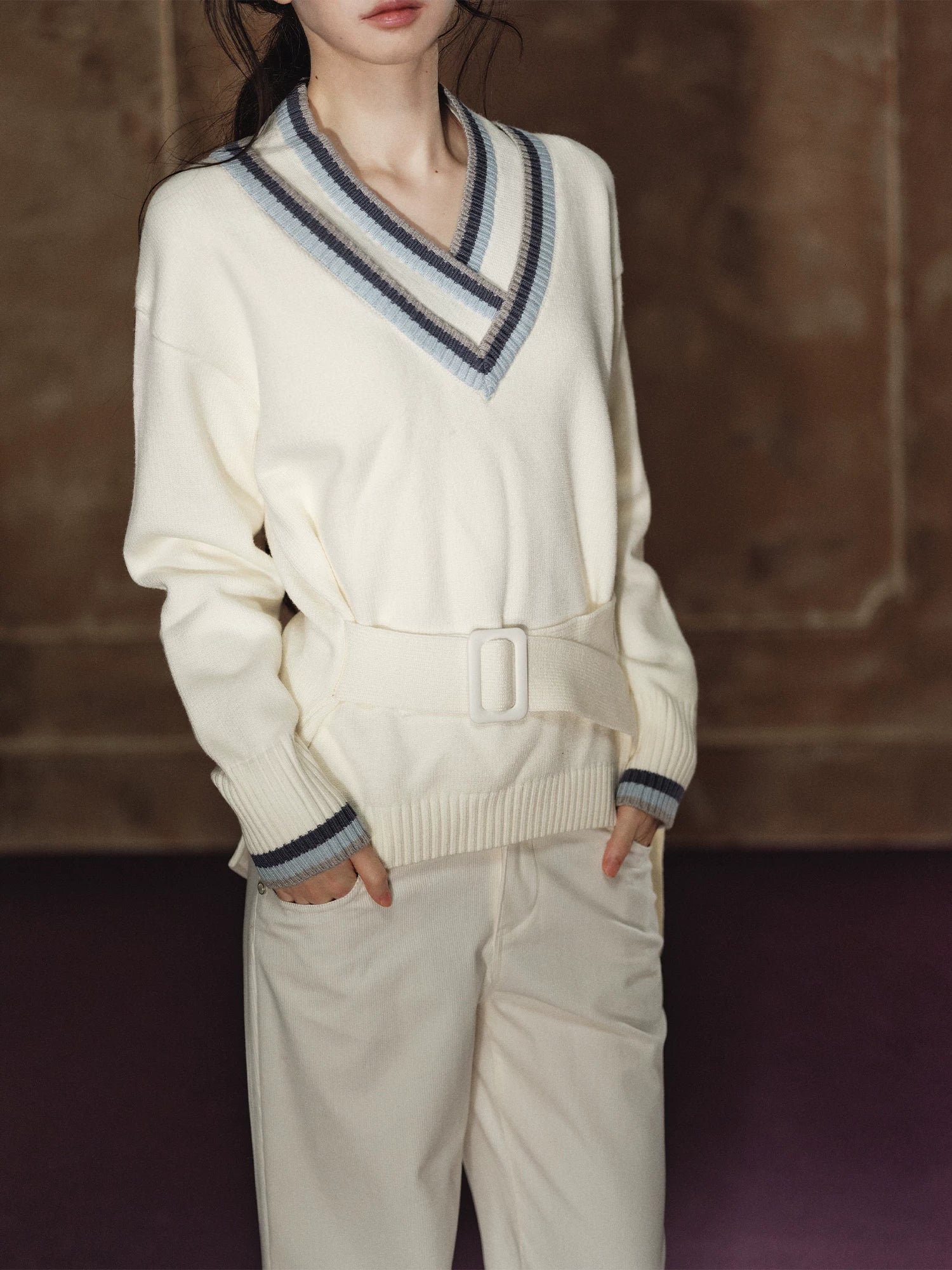 Contrast Double-V Sweater
