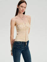 Beaded Strap Lace Splicing Acetate Cami Top