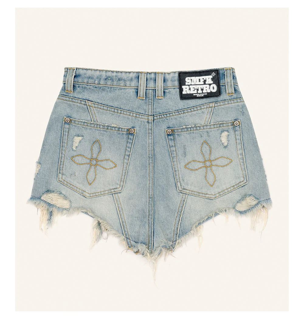 Blue Denim Frayed Distressed Shorts