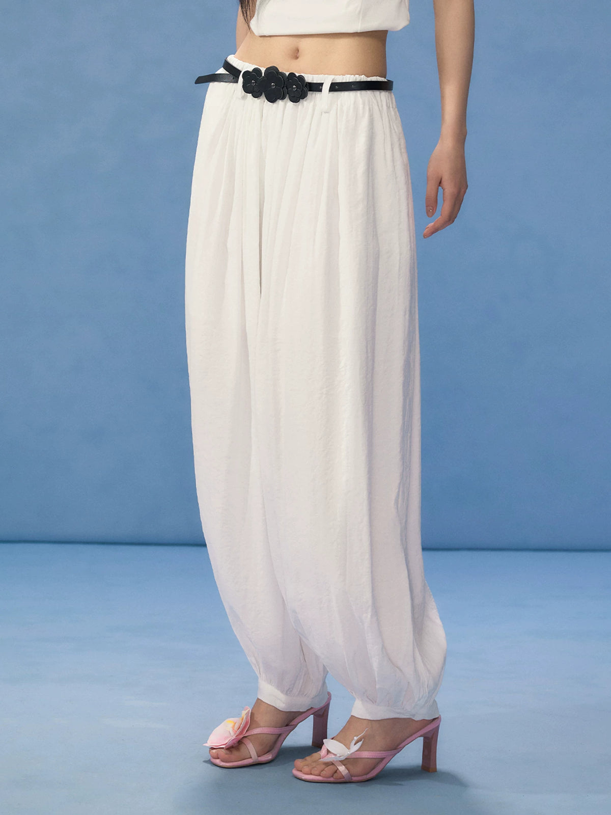 Floral Belt Balloon Wide-Leg Pants