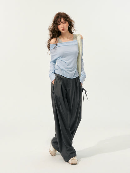 Fake Two-Piece Color-Block Draped Collar Knit Top