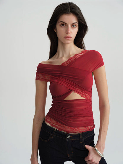Two-Tone Mesh Lace Cross-Front Blouse