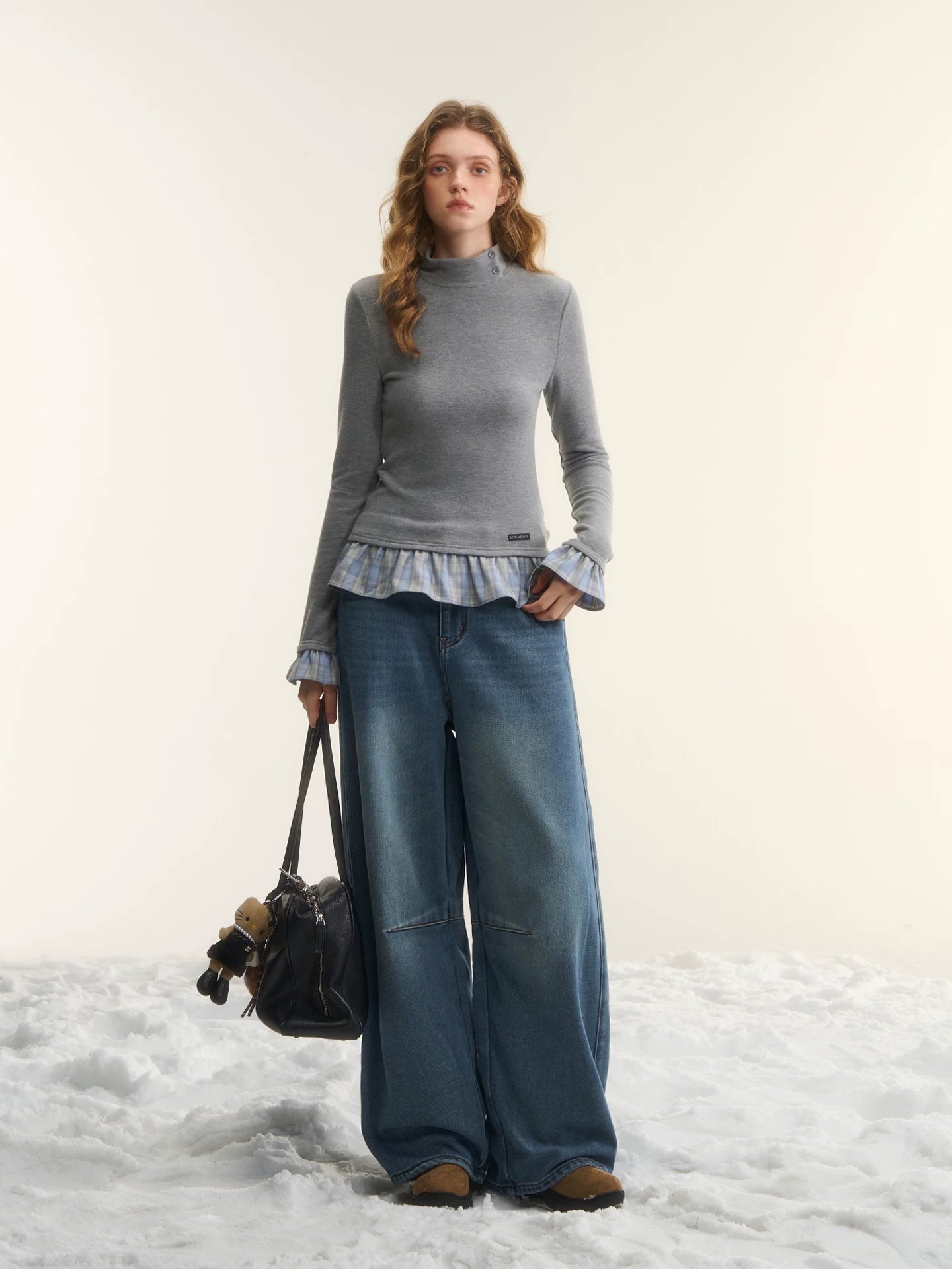 Mock Neck Plaid Trim Base Top