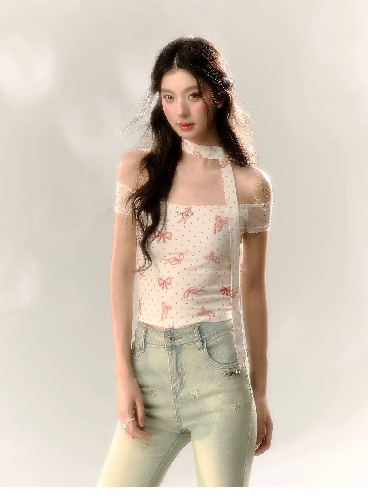 Red Polka Dot &amp; Pink Butterfly Mesh One-shoulder T-shirt