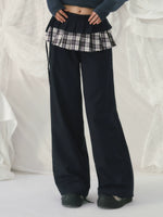 Navy Blue Plaid Panel Straight Pants