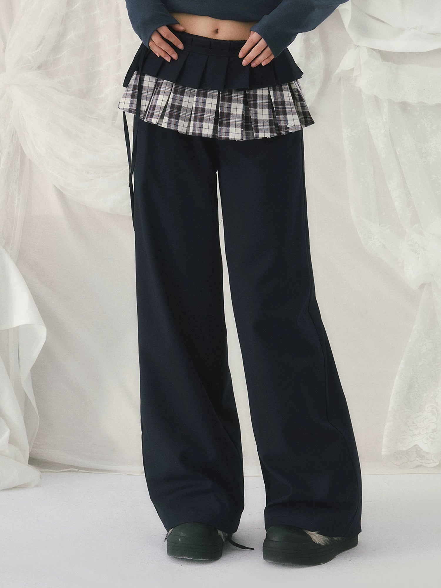 Navy Blue Plaid Panel Straight Pants