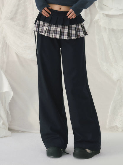 Navy Blue Plaid Panel Straight Pants
