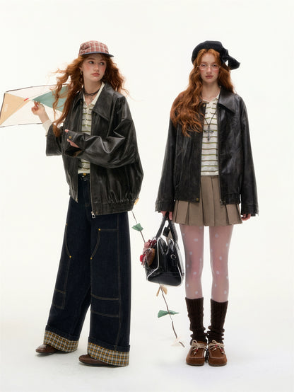 Vintage Bow Embossed Leather Jacket