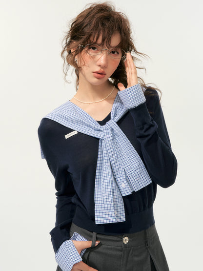 Fake Two-Piece Twist-Knot Spliced V-Neck Knit Top