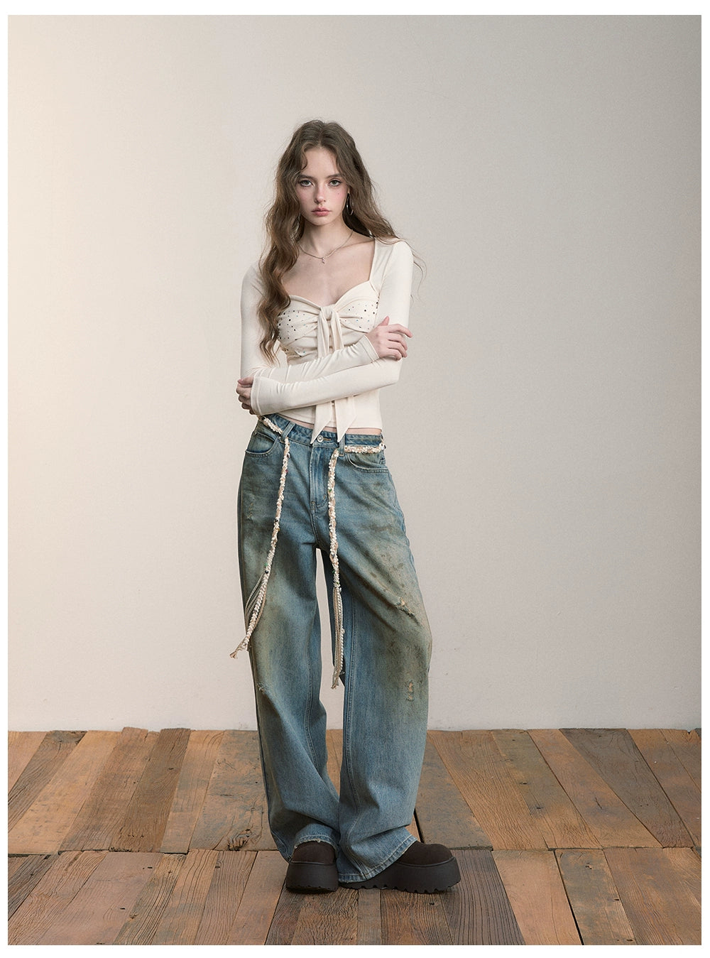 Distressed Wide-Leg Denim Pants
