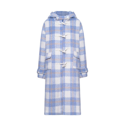 Blue Check Hooded Wool Coat