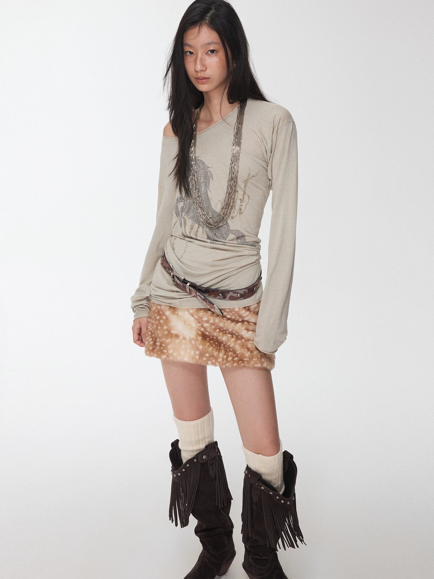 Rhinestone Embellished Asymmetric Drape T-shirt
