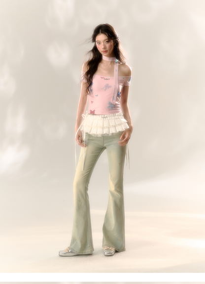 Red Polka Dot &amp; Pink Butterfly Mesh One-shoulder T-shirt