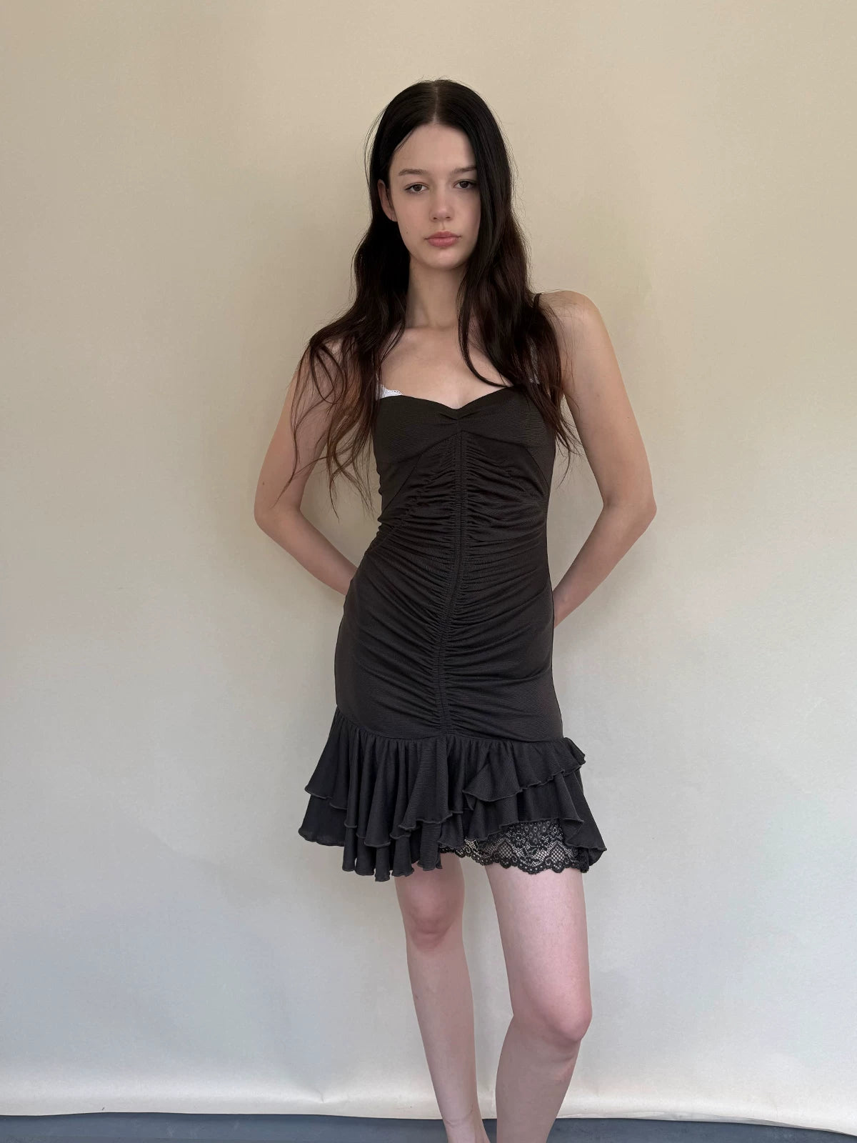 Ruched Lace Trim Mermaid Dress