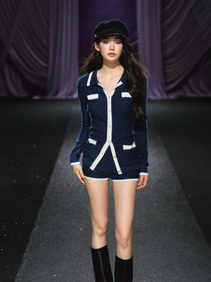 Tweed-Style Diamond Knit Cardigan &amp; Shorts Set