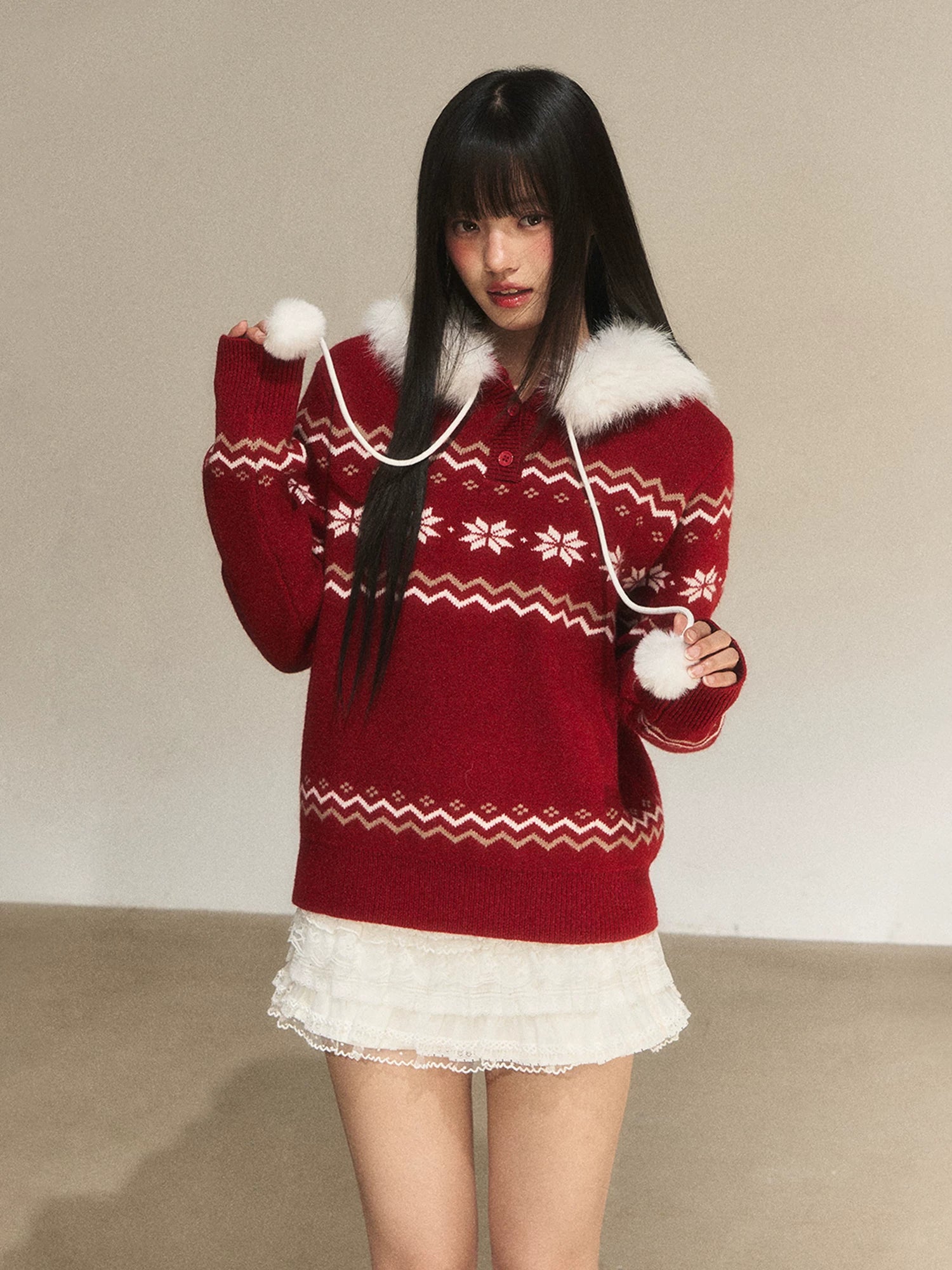 Red Fair Isle Hooded Knit