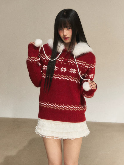 Red Fair Isle Hooded Knit