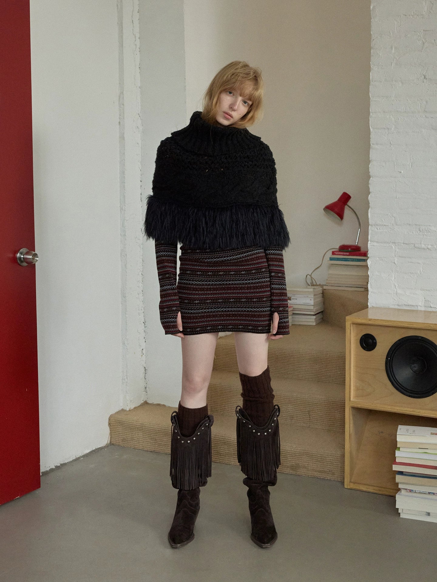 Cable Knit Fringed High-Neck Wool Blend Poncho