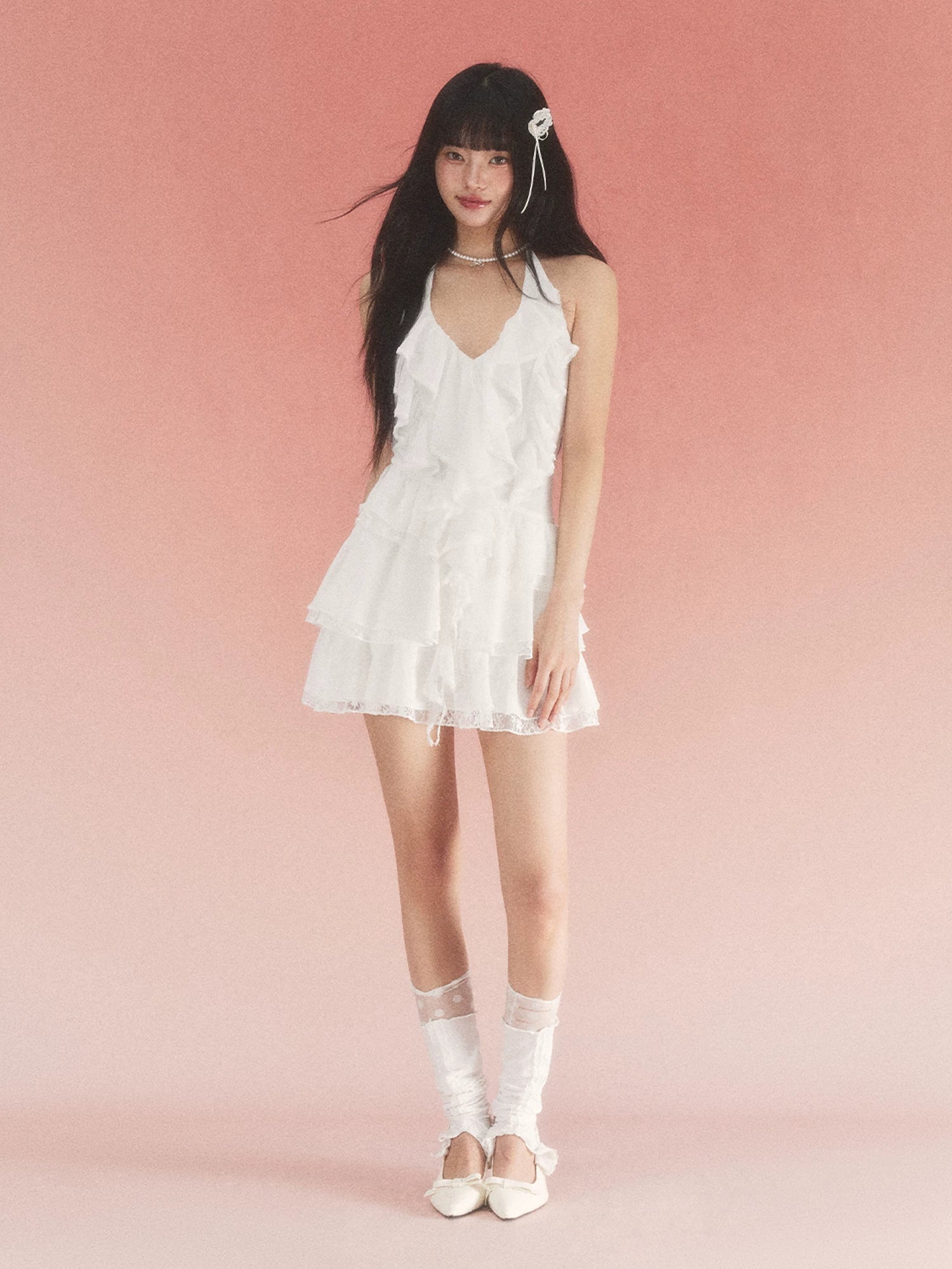 White Ruffle Halter Dress