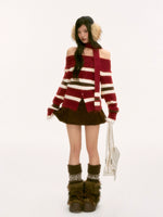 Red Off-Shoulder Contrast Stripe Knit Top