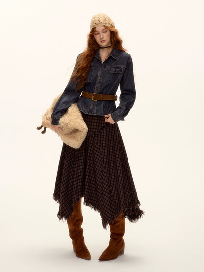 Frayed Hem Plaid Studded Belt Asymmetric A-Line Midi Skirt