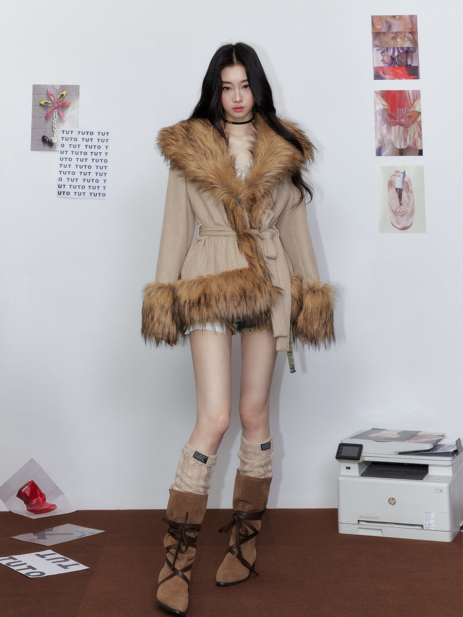 Knitted Fur Thickened Waist-Cinching Coat