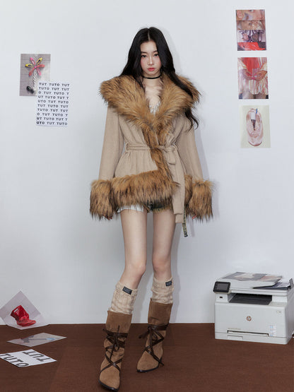 Knitted Fur Thickened Waist-Cinching Coat