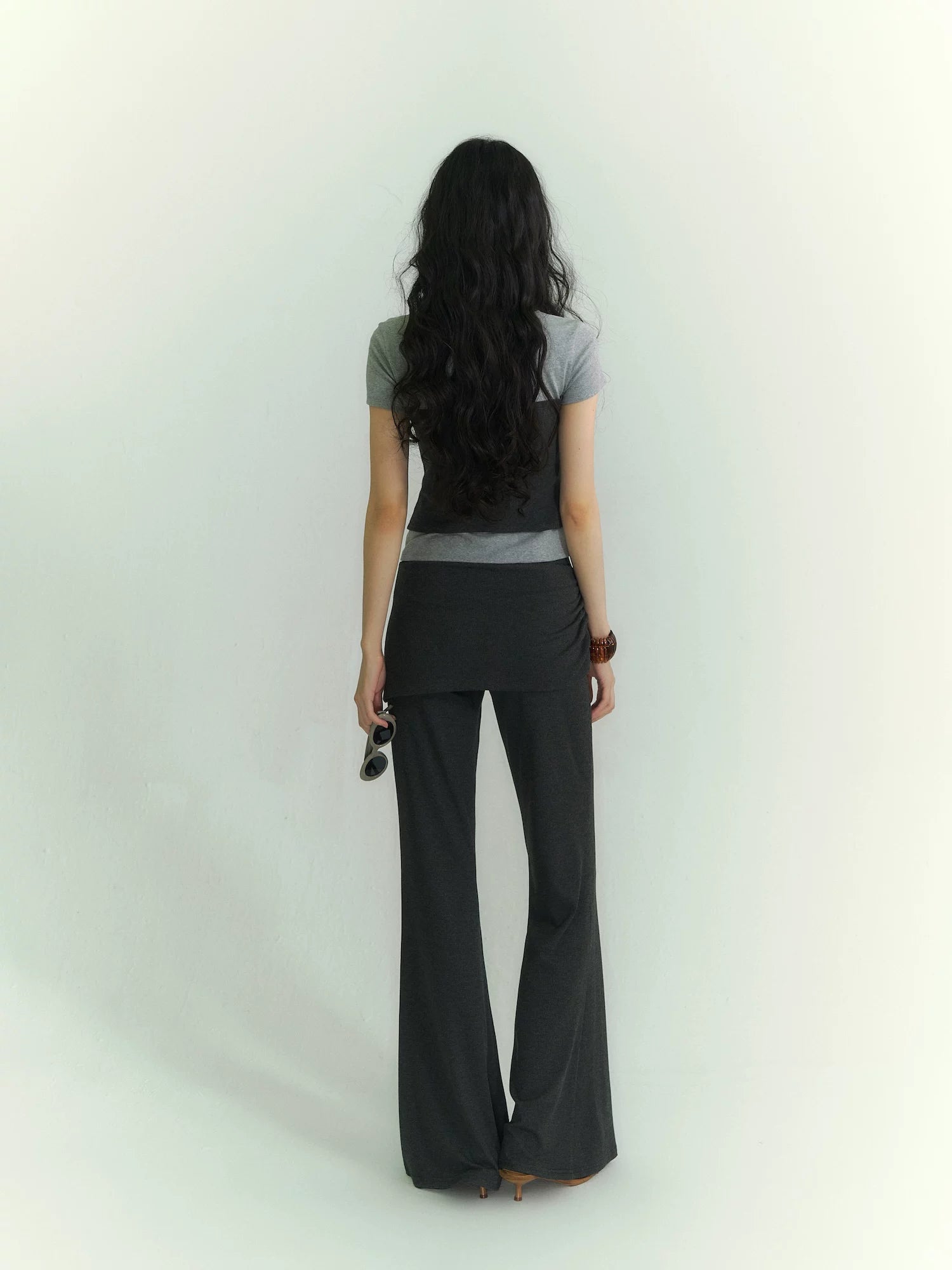Gray Layered V Tee &amp; Pants Set