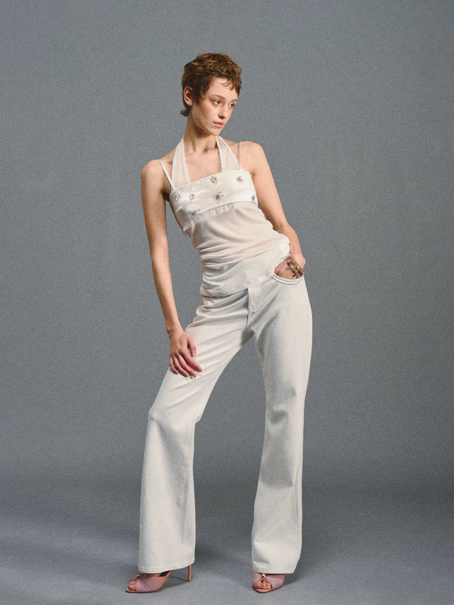 White Beaded Halter Cami Top