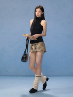 Black Mock-neck Top & Plaid Skirt Set