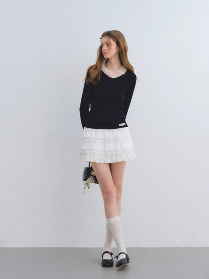 Tiered Lace Waistband Puffy Mini Skirt