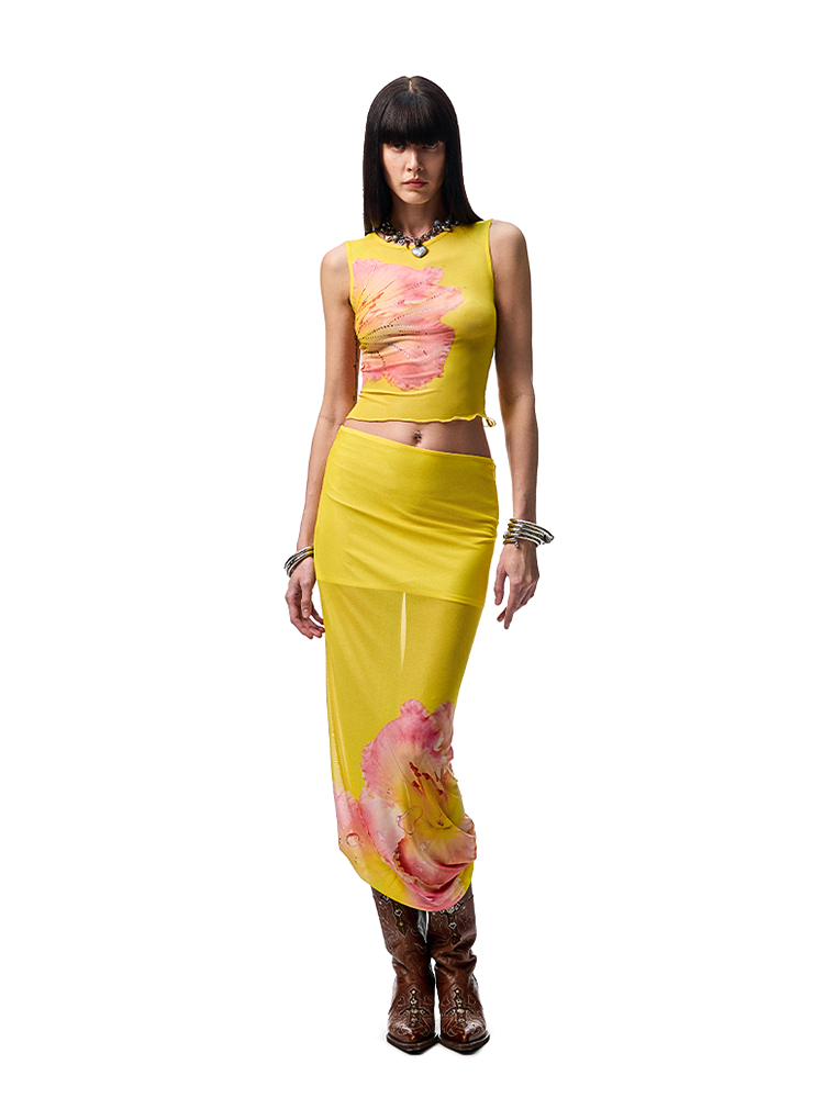 Floral Print Rhinestone Mesh Vest