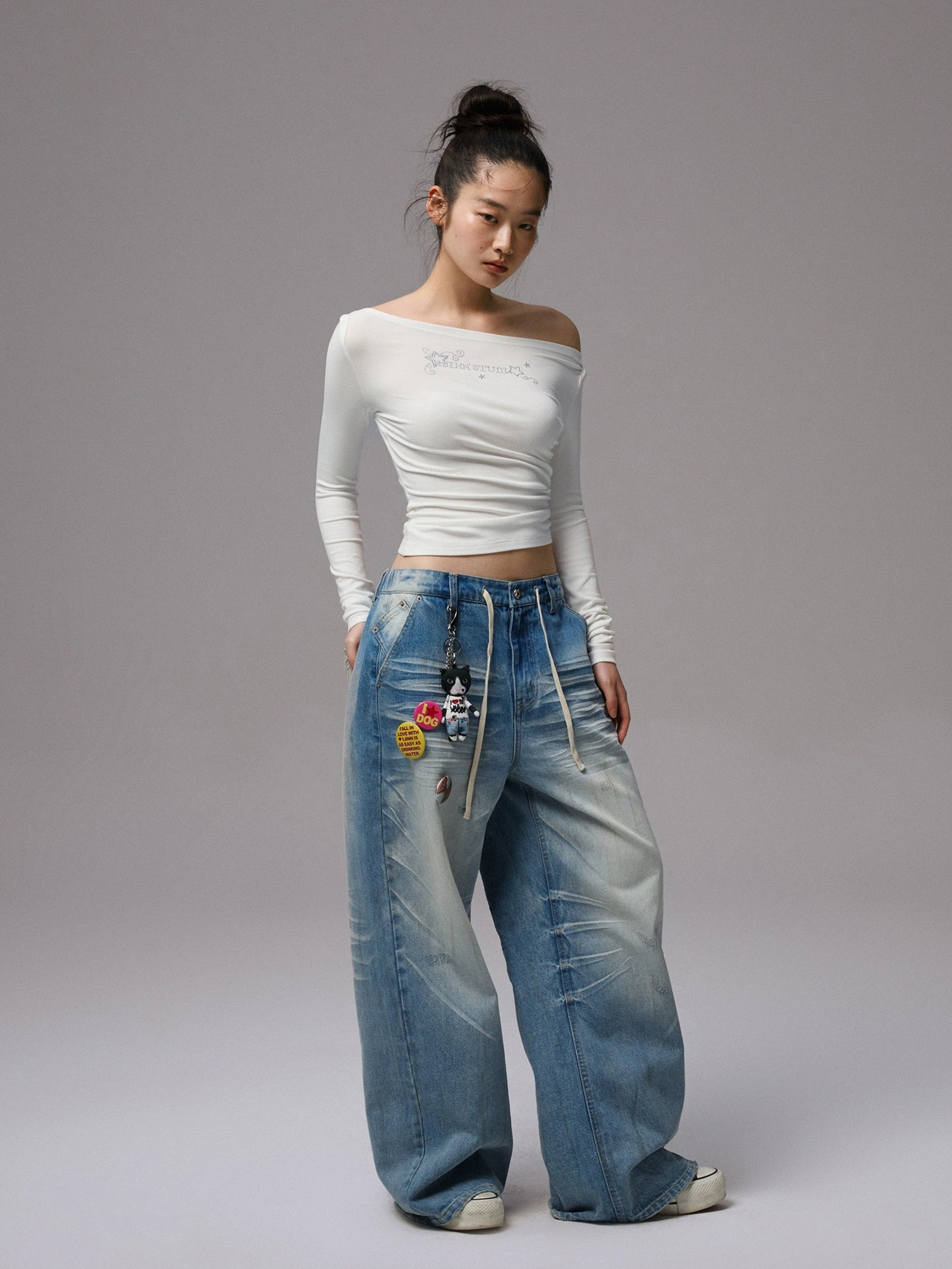 Rhinestone One-Shoulder Long-Sleeve T-Shirt