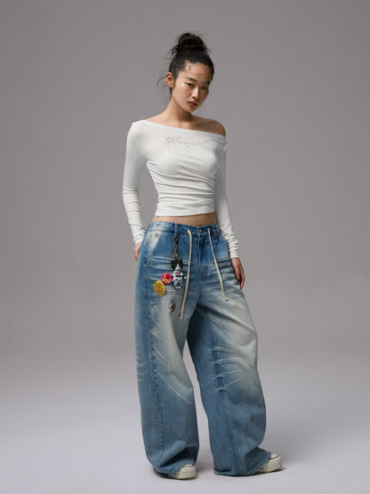 Rhinestone One-Shoulder Long-Sleeve T-Shirt