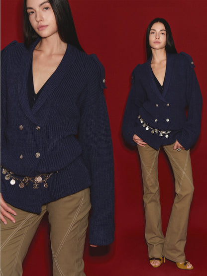 Wool Epaulet Double-Breasted Cardigan