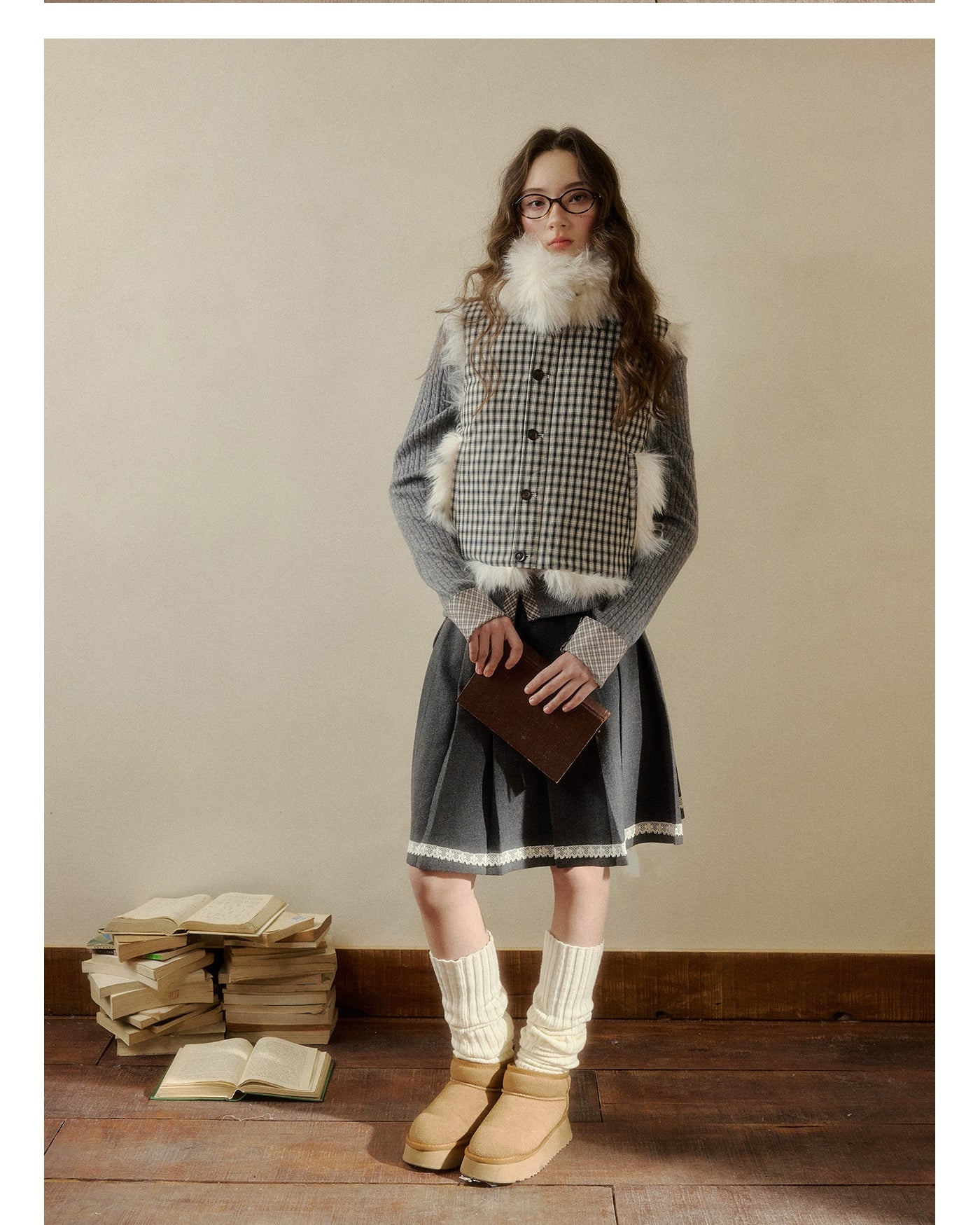 Polka-Check Reversible Faux-Fur Vest