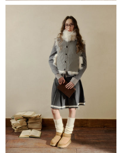 Polka-Check Reversible Faux-Fur Vest