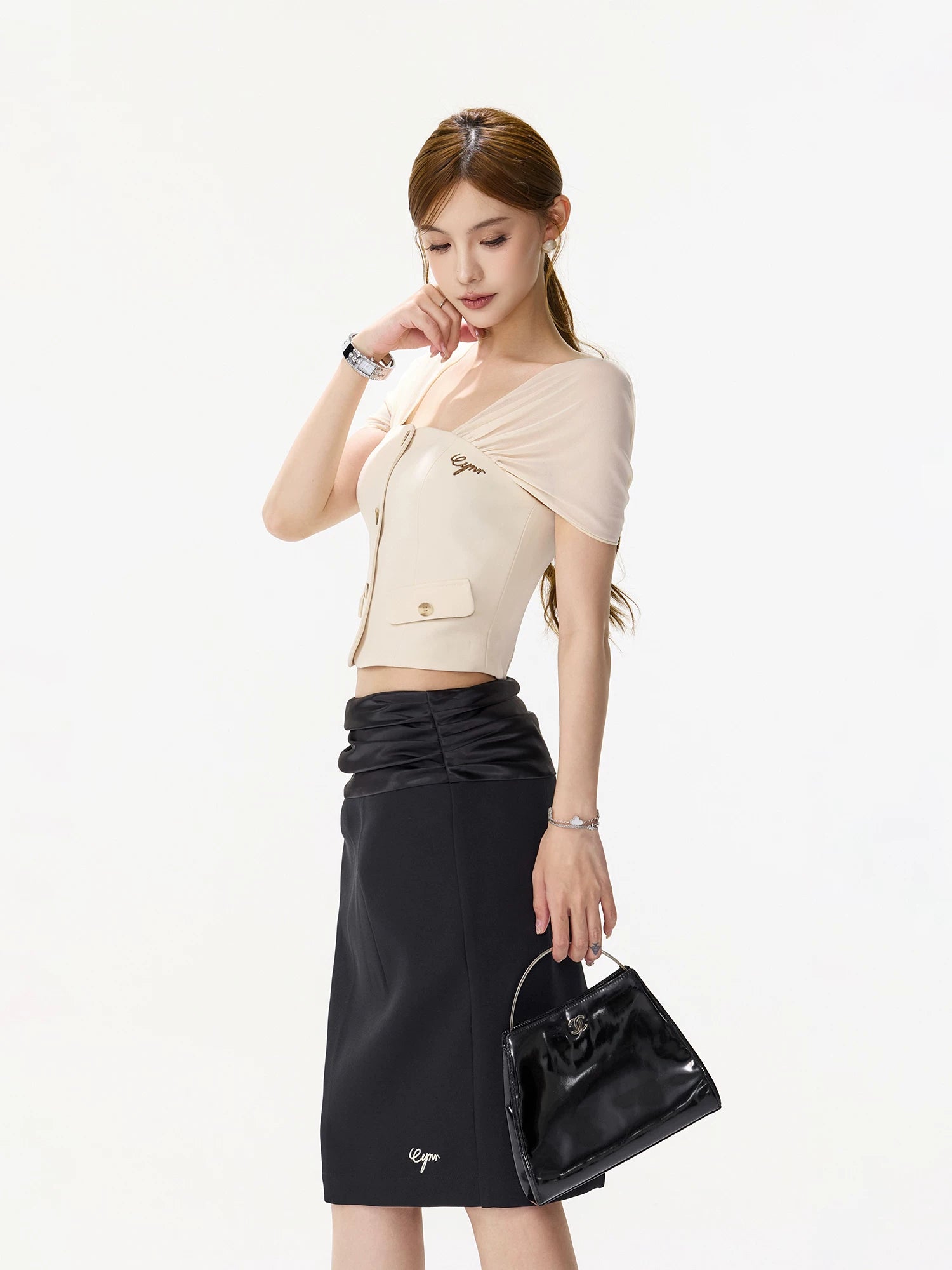 Satin Ruched Midi Skirt