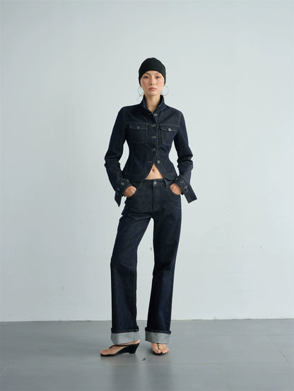 Original Denim Short Stand Collar Cinched Jacket Set