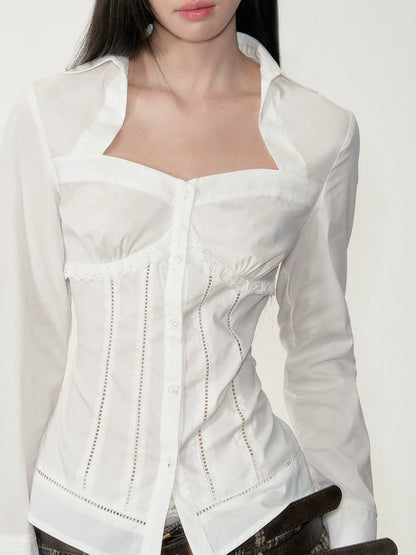 White Lace Slim-Fit Long-Sleeve Shirt