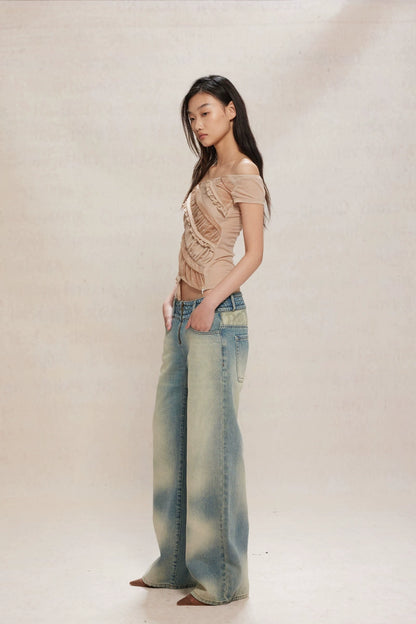 Apricot Embellished Mesh-Trim Knit Top