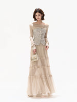 Champagne Pleated Mesh Skirt