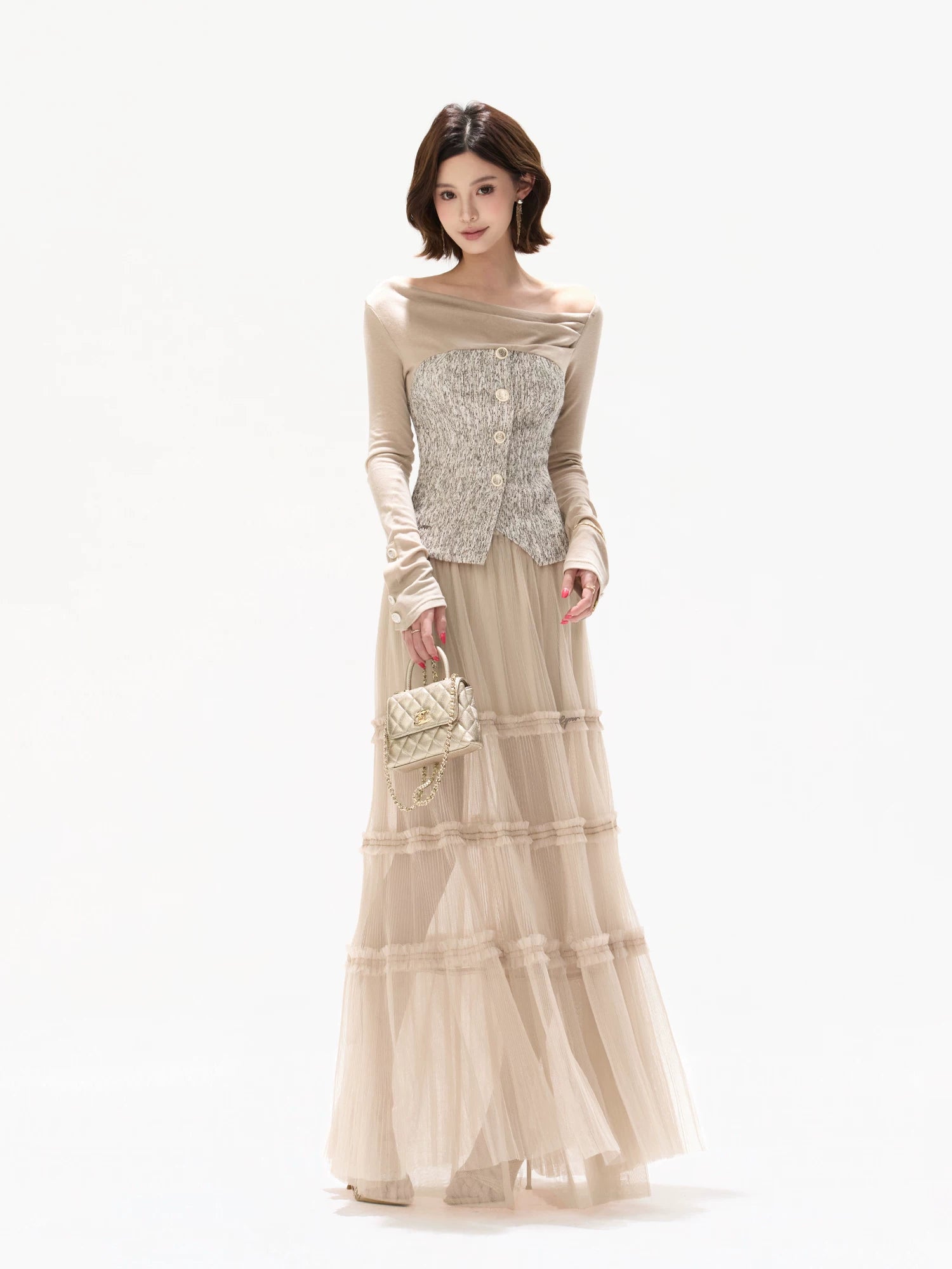 Champagne Pleated Mesh Skirt