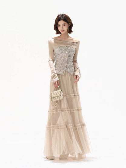 Champagne Pleated Mesh Skirt